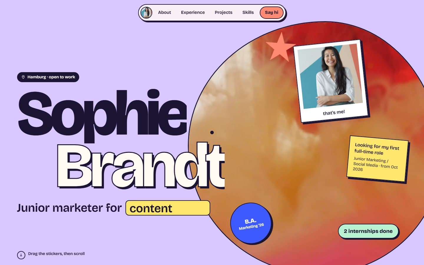 Startseite der CV-Website einer Junior-Marketerin